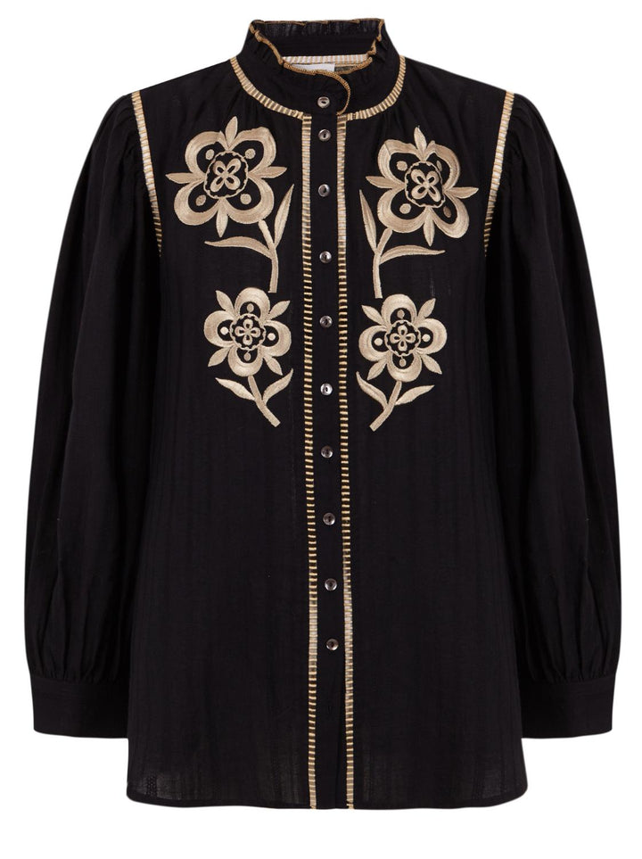 Antik batik blouse ANOUKI-100% katoen-DAMES TOPS & BLOUSES-Zwart