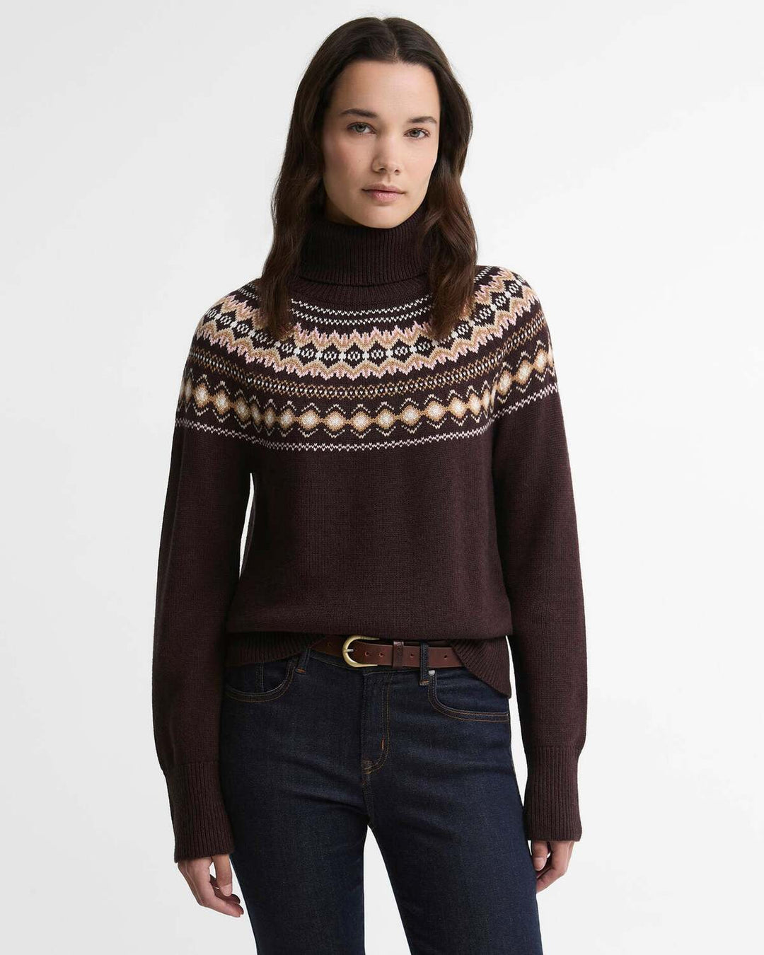 Barbour Darwen Fair Isle Coltrui – Bruin-70% katoen, 30% wol-DAMES TRUIEN & VESTEN-Bruin