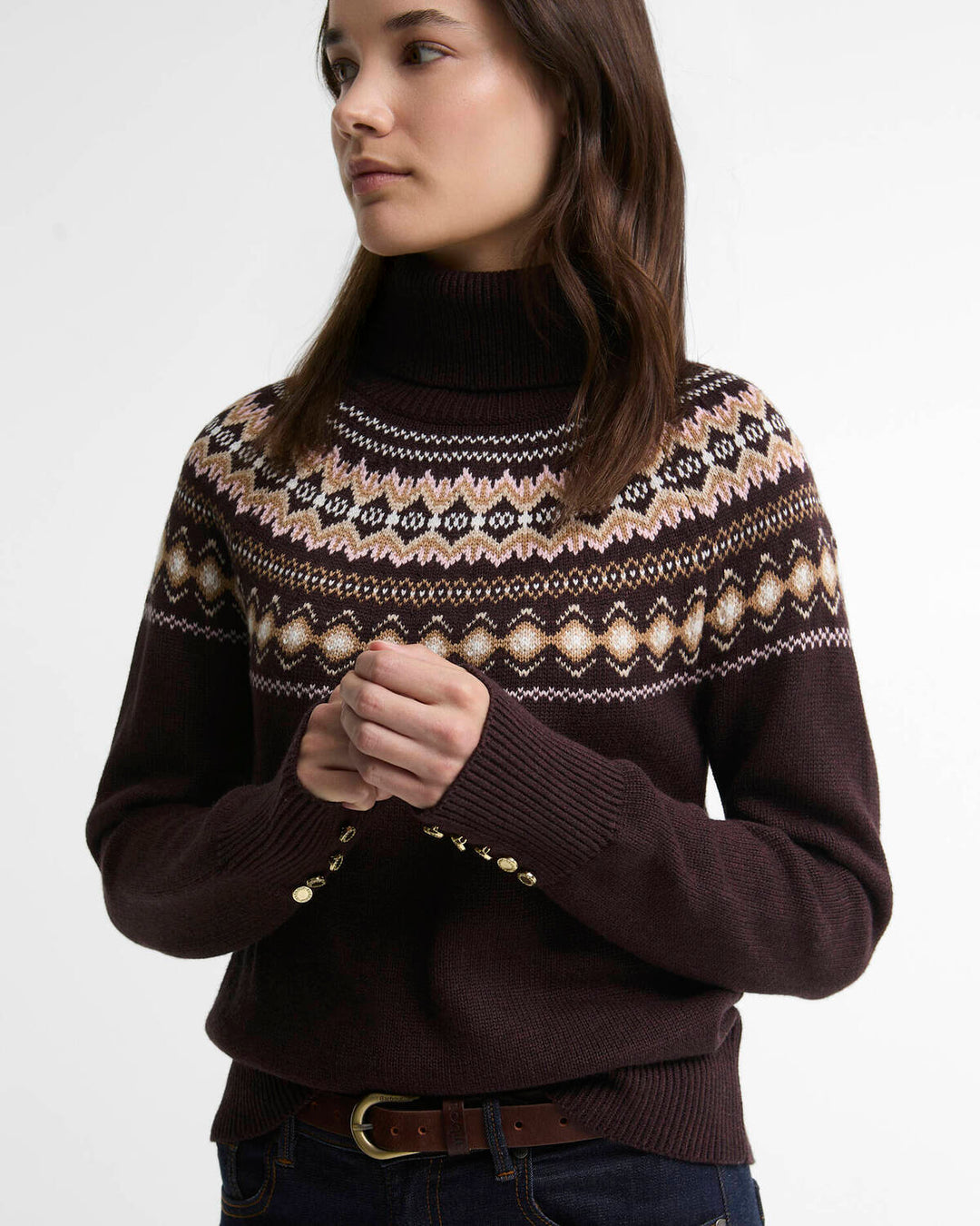 Barbour Darwen Fair Isle Coltrui – Bruin-70% katoen, 30% wol-DAMES TRUIEN & VESTEN-Bruin