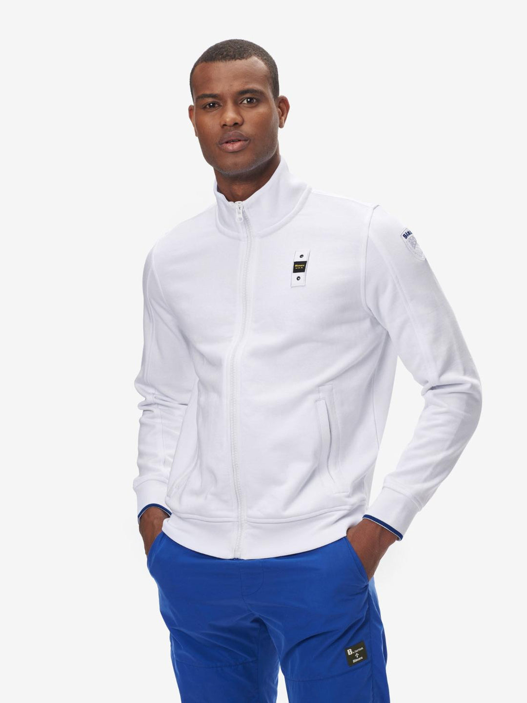 Blauer sweatvest met rits-100% katoen-HEREN TRUIEN & VESTEN-Wit