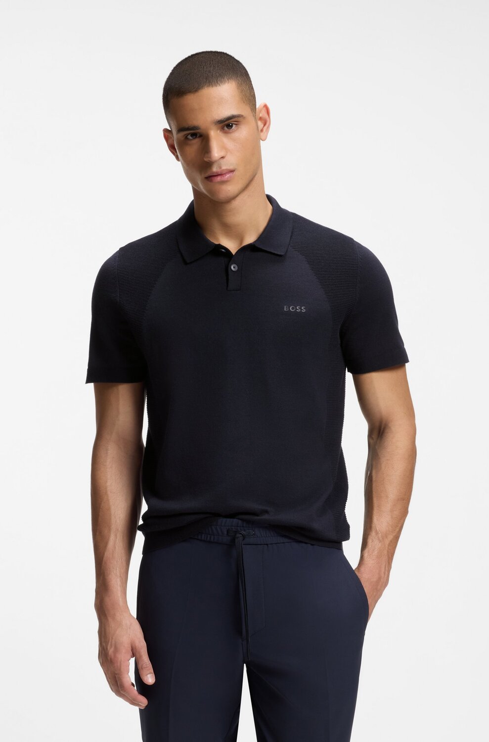 BOSS Green KN_Momentum-Lite PS Gebreide Polo-60% katoen, 40% polyester-HEREN POLO'S & T-SHIRTS-Blauw