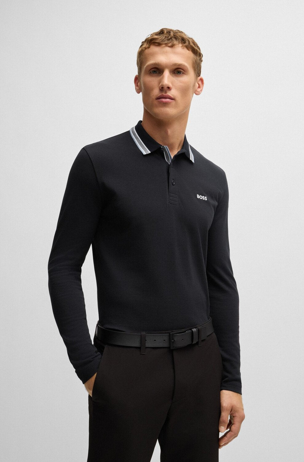  BOSS Green poloshirt met lange mouwen-Kwaliteit: 100% Katoen<br /><br />-HEREN POLO'S & T-SHIRTS-Blauw