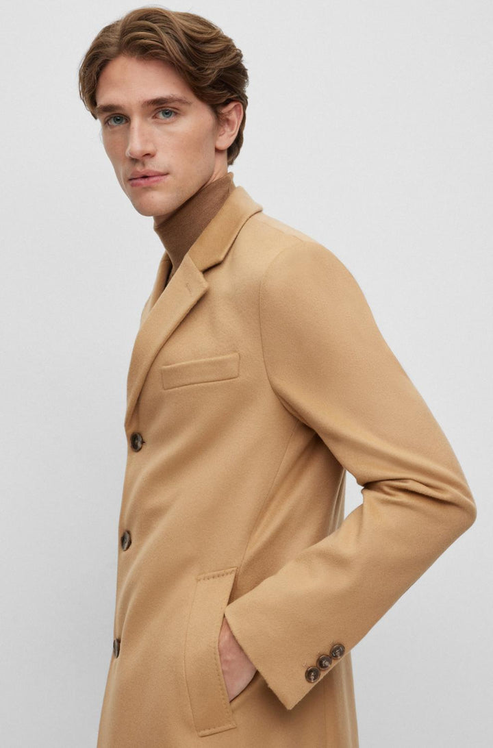 BOSS H‑Hyde Slim Fit Coat – Beige-90% wol, 10% kashmier-HEREN JASSEN & JACKS-Beige