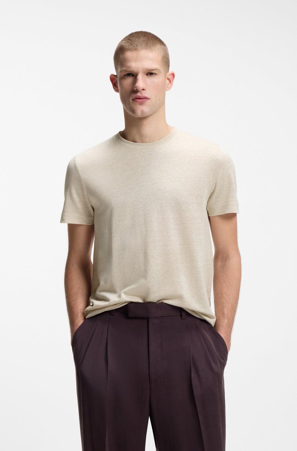 BOSS H-Thompson 235 T-shirt – Beige-50% linnen, 50% katoen-HEREN POLO'S & T-SHIRTS-Beige