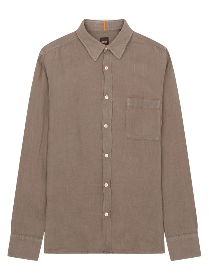 BOSS Orange casual shirt linnen bruin-100% Linnen<br />-HEREN SHIRTS-Bruin