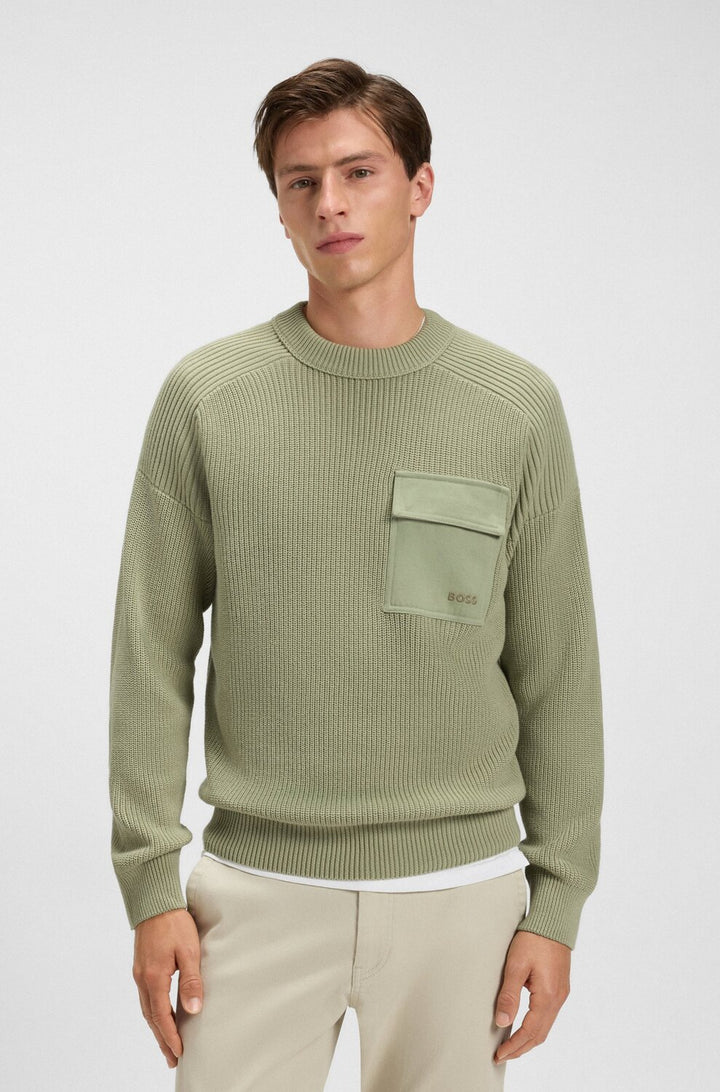 BOSS Orange Pocket Knit Trui – Groen-100% katoen-HEREN TRUIEN & VESTEN-Groen