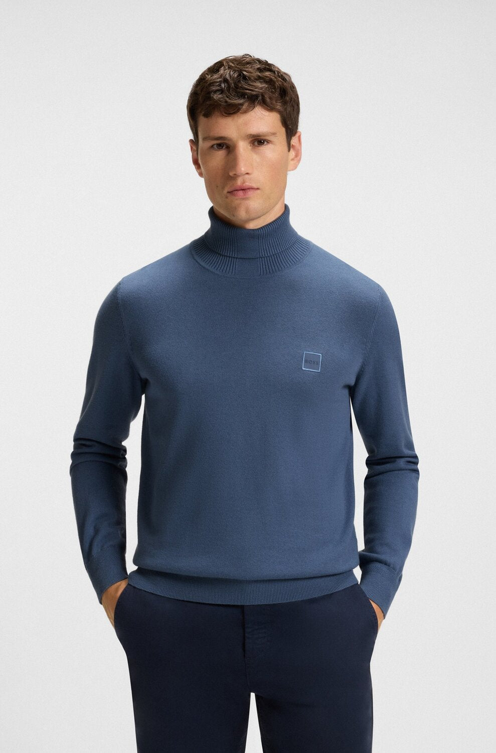 BOSS Orange Trui Col – Blauw-95% katoen, 5% cashmere-HEREN TRUIEN & VESTEN-Blauw