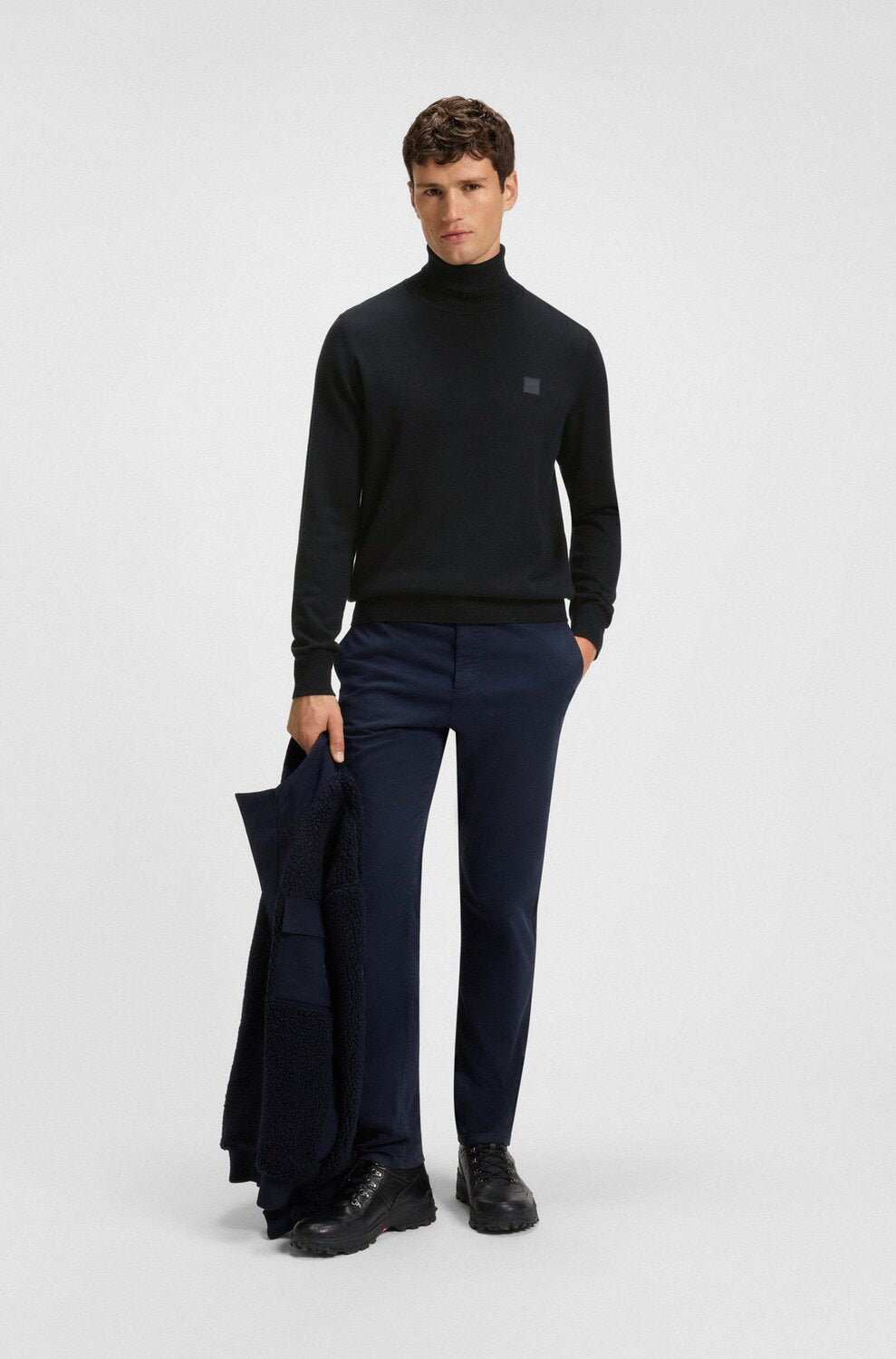 BOSS Orange Trui Col – Donkerblauw-95% katoen, 5% cashmere-HEREN TRUIEN & VESTEN-Blauw