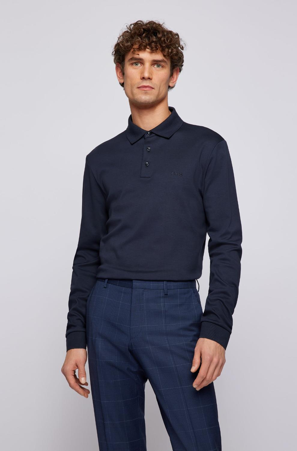 BOSS PADO polo lange mouw-100% Katoen, Kraag: 100% Katoen-HEREN POLO'S & T-SHIRTS-Blauw