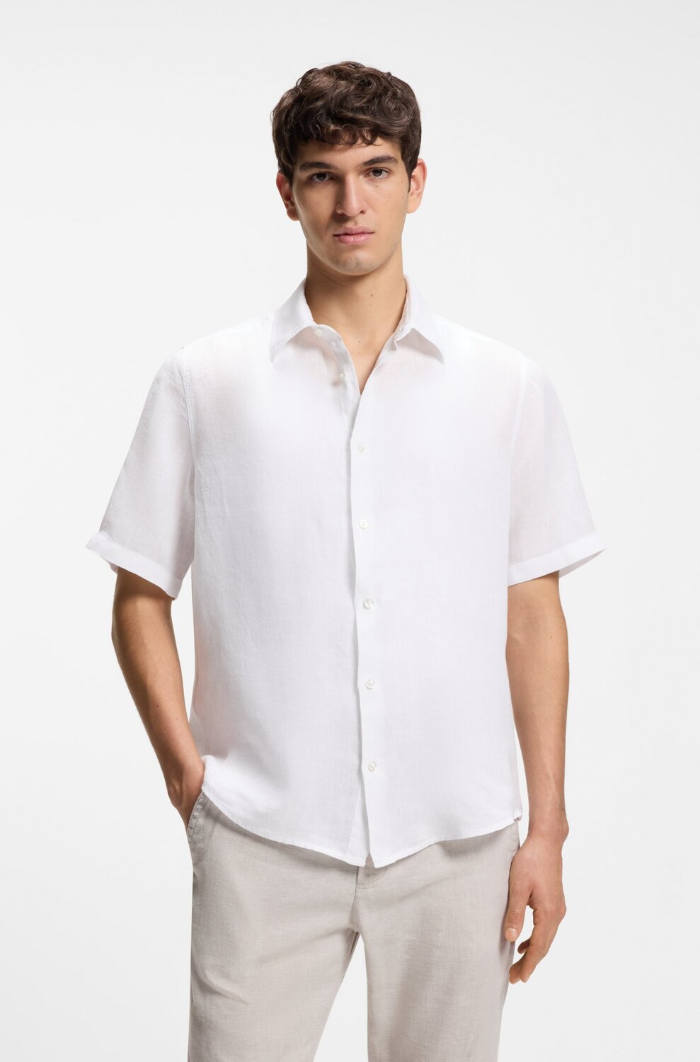 BOSS Rash linnen overhemd korte mouw – Wit-100% linnen-HEREN SHIRTS-Wit