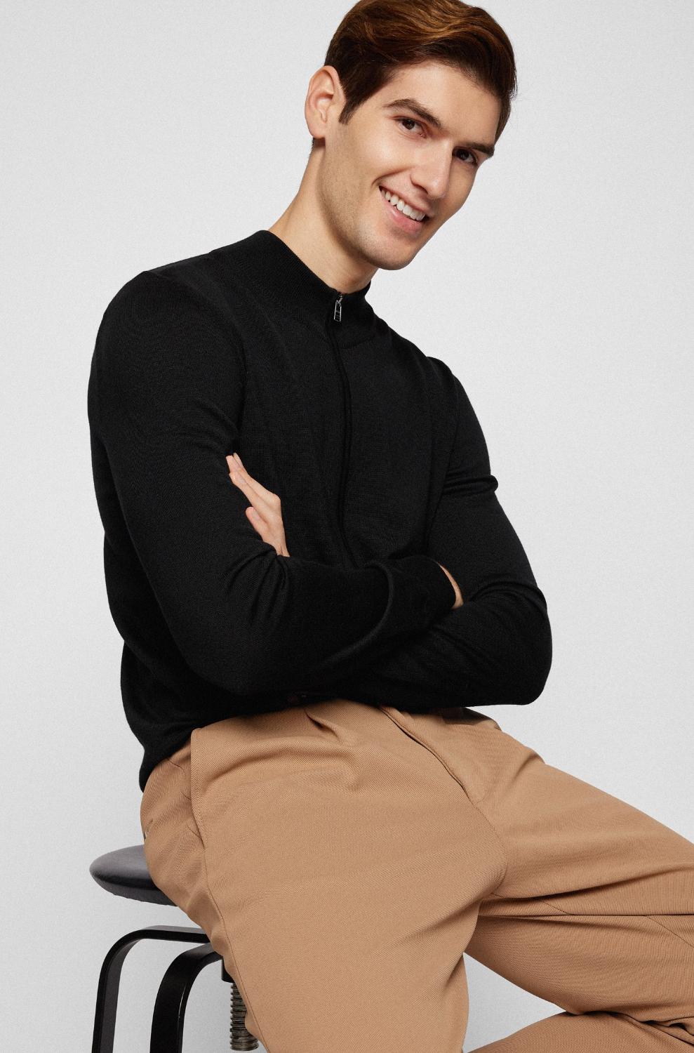 BOSS Regular fit vest Balonso-100% wol-HEREN TRUIEN & VESTEN-Zwart