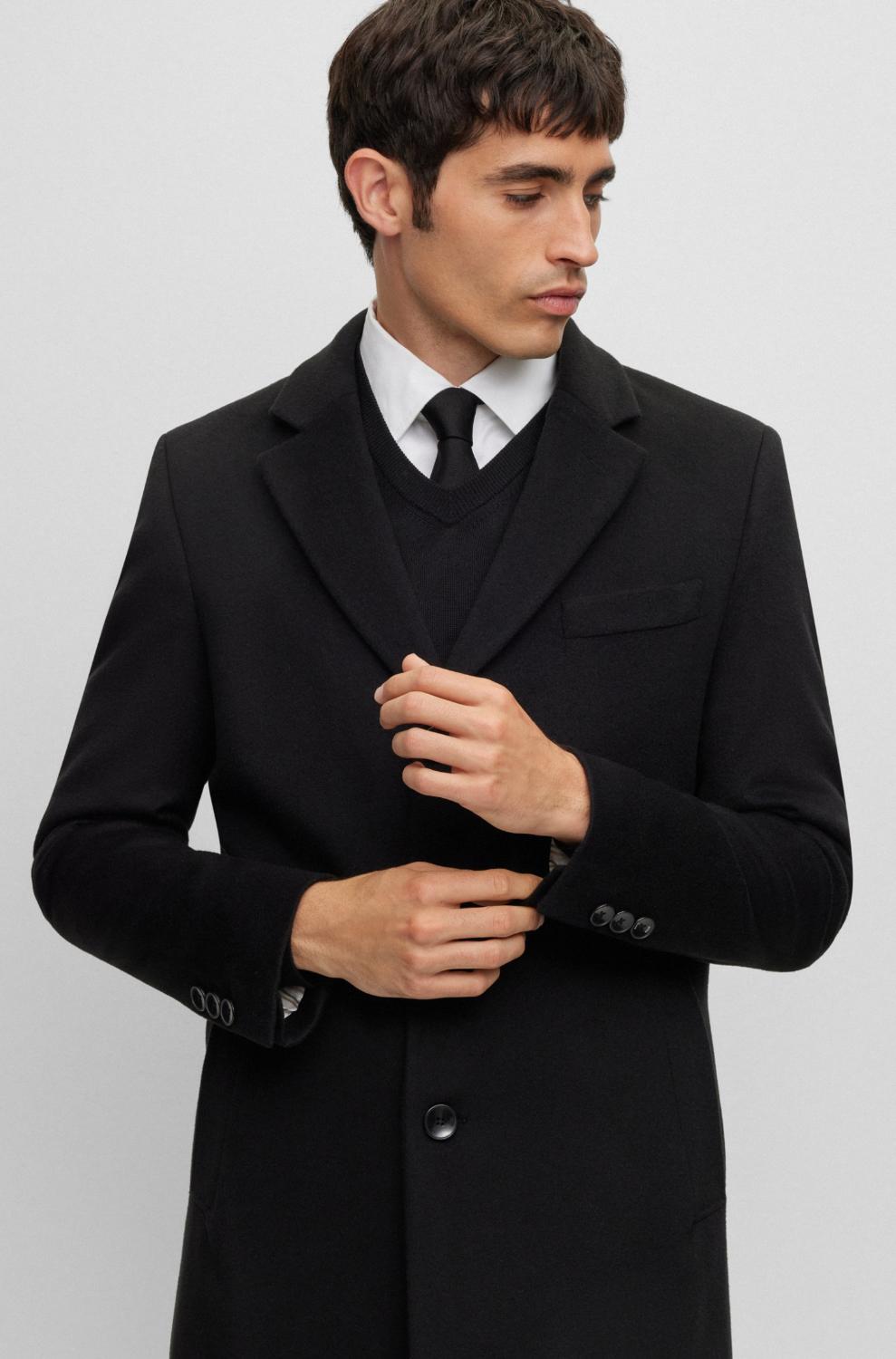 BOSS slim fit mantel H-HYDE-90% wol, 10% kashmier-HEREN JASSEN & JACKS-Zwart