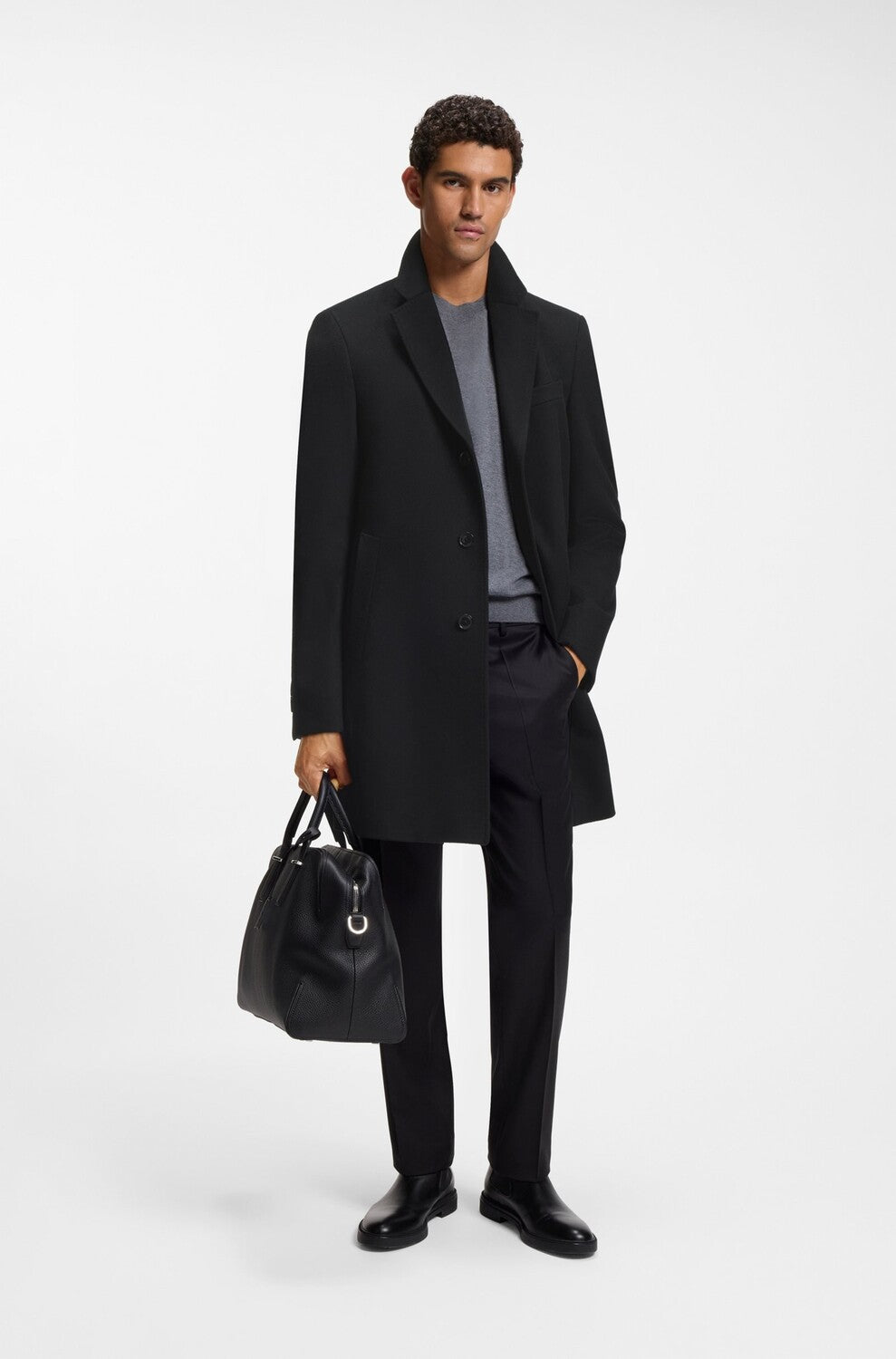 BOSS Slim Fit Mantel – Zwart-90% wol, 10% kasjmier-HEREN JASSEN & JACKS-Zwart