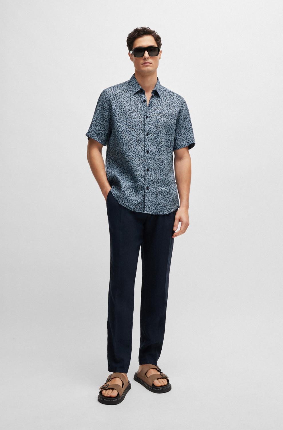 BOSS slim fit pantalon linnen-100% linnen-HEREN BROEKEN-Blauw