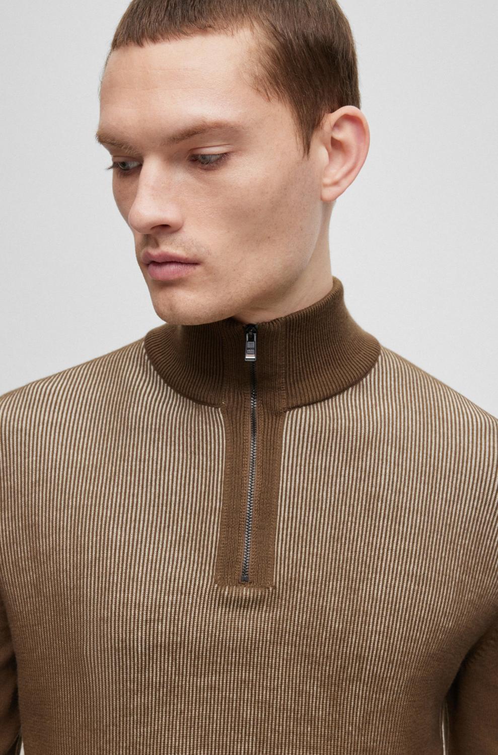 BOSS trui met ritskraag-93% wol, 7% katoen-HEREN TRUIEN & VESTEN-Groen