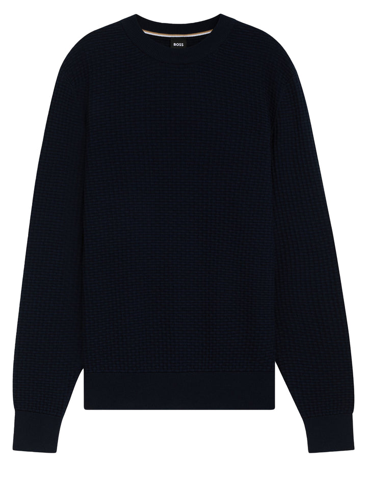BOSS Waffle Knit Trui – Blauw-100% katoen-HEREN TRUIEN & VESTEN-Blauw