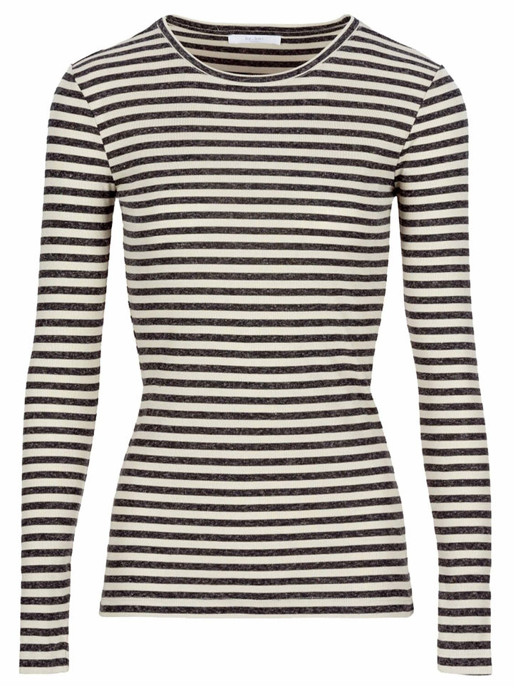 by-bar Basic Gestreepte Top – Beige-50% viscose, 35% polyester, 15% linnen-DAMES TOPS & BLOUSES-Beige