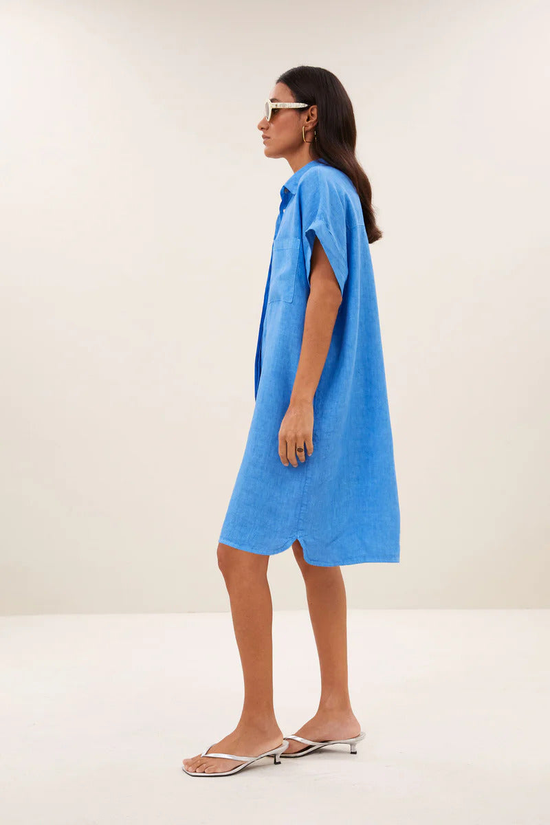  by-bar Hella Linnen Jurk – Regatta Blue-100% linnen-DAMES JURKEN-Blauw