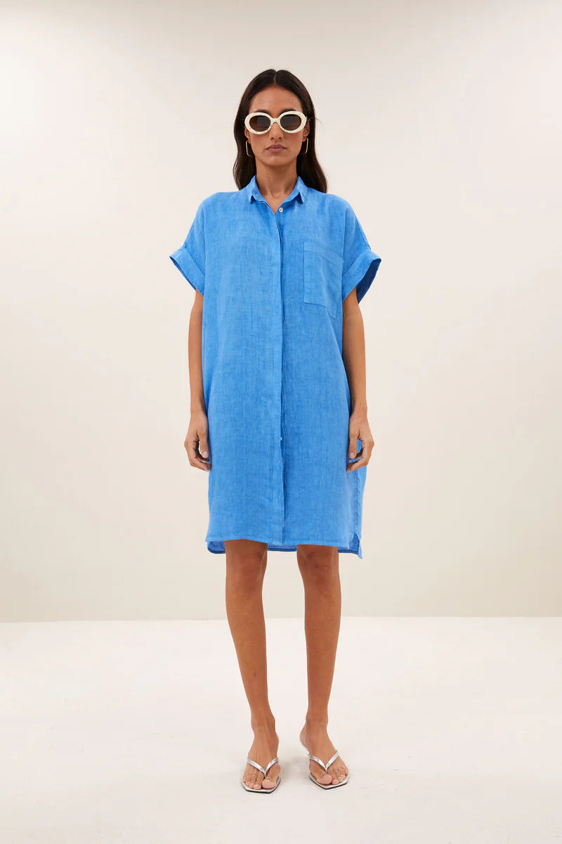  by-bar Hella Linnen Jurk – Regatta Blue-100% linnen-DAMES JURKEN-Blauw