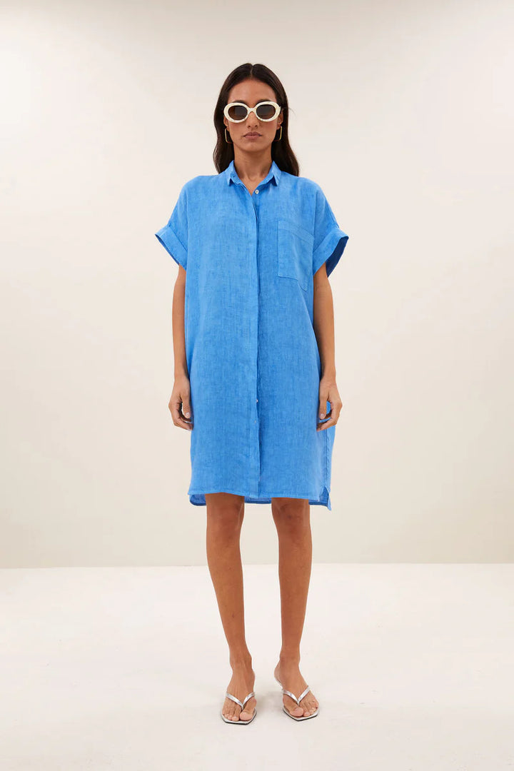  by-bar Hella Linnen Jurk – Regatta Blue-100% linnen-DAMES JURKEN-Blauw