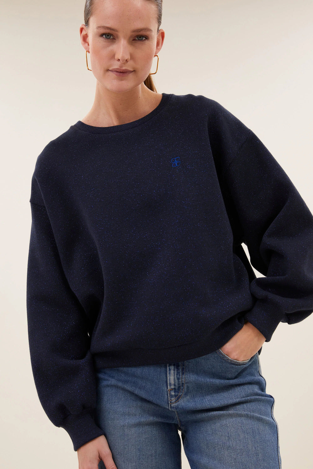 by-bar Lili Sparkle Sweater – Blauw-86% katoen, 7% polyamide, 7% metaalpoyester-DAMES TRUIEN & VESTEN-Blauw