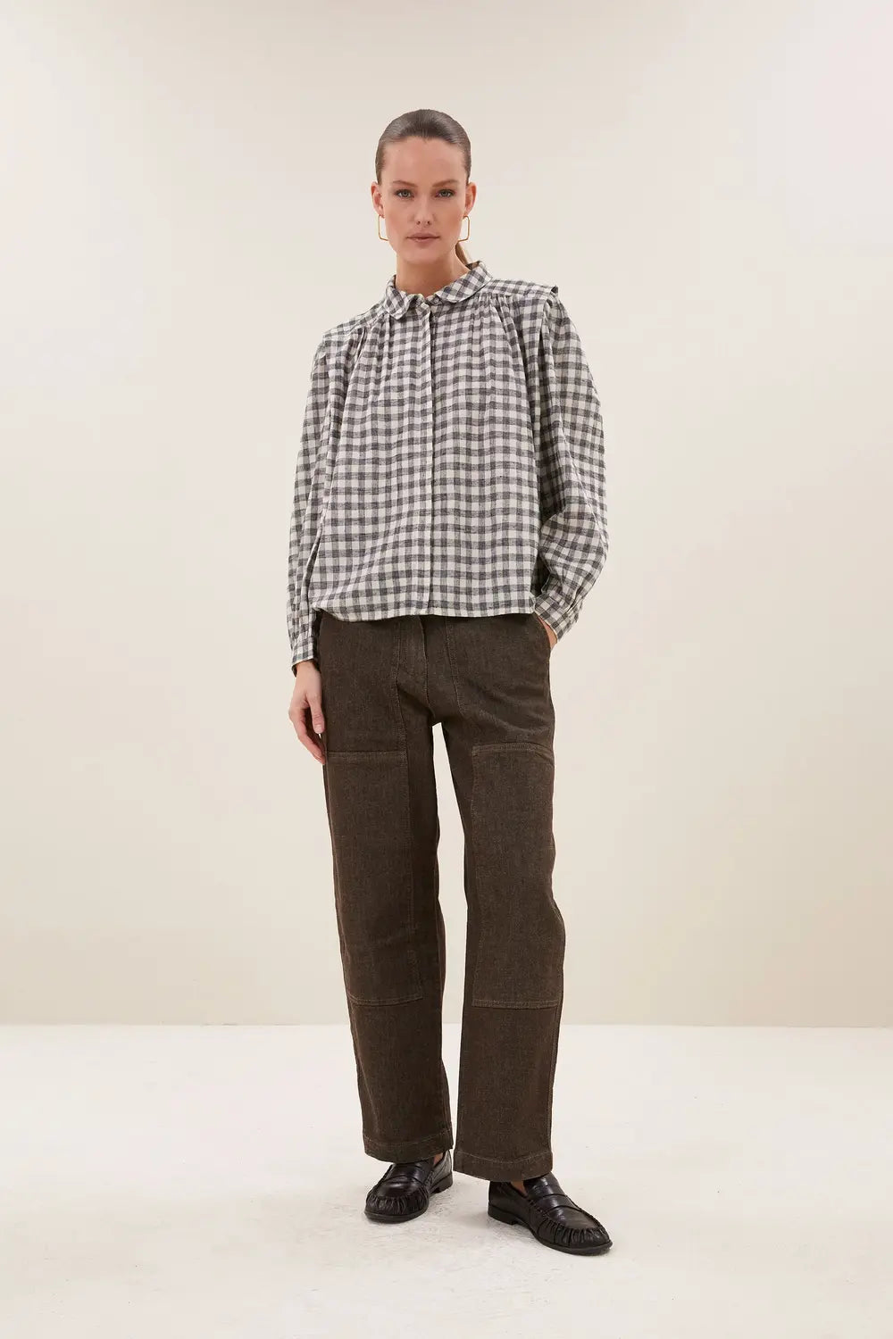 by-bar Maia Ruitblouse – Grijs-64% polyester, 36% katoen-DAMES TOPS & BLOUSES-Grijs