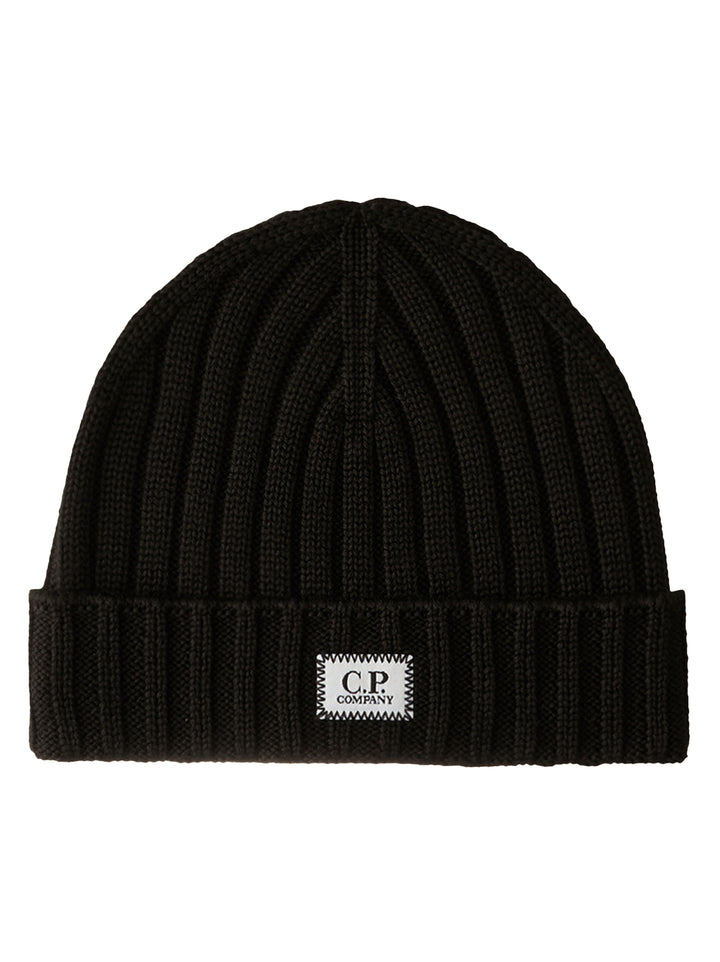 C.P. Company Merino Wol Logo Beanie – Zwart-100% wol-HEREN ACCESSOIRES-Zwart