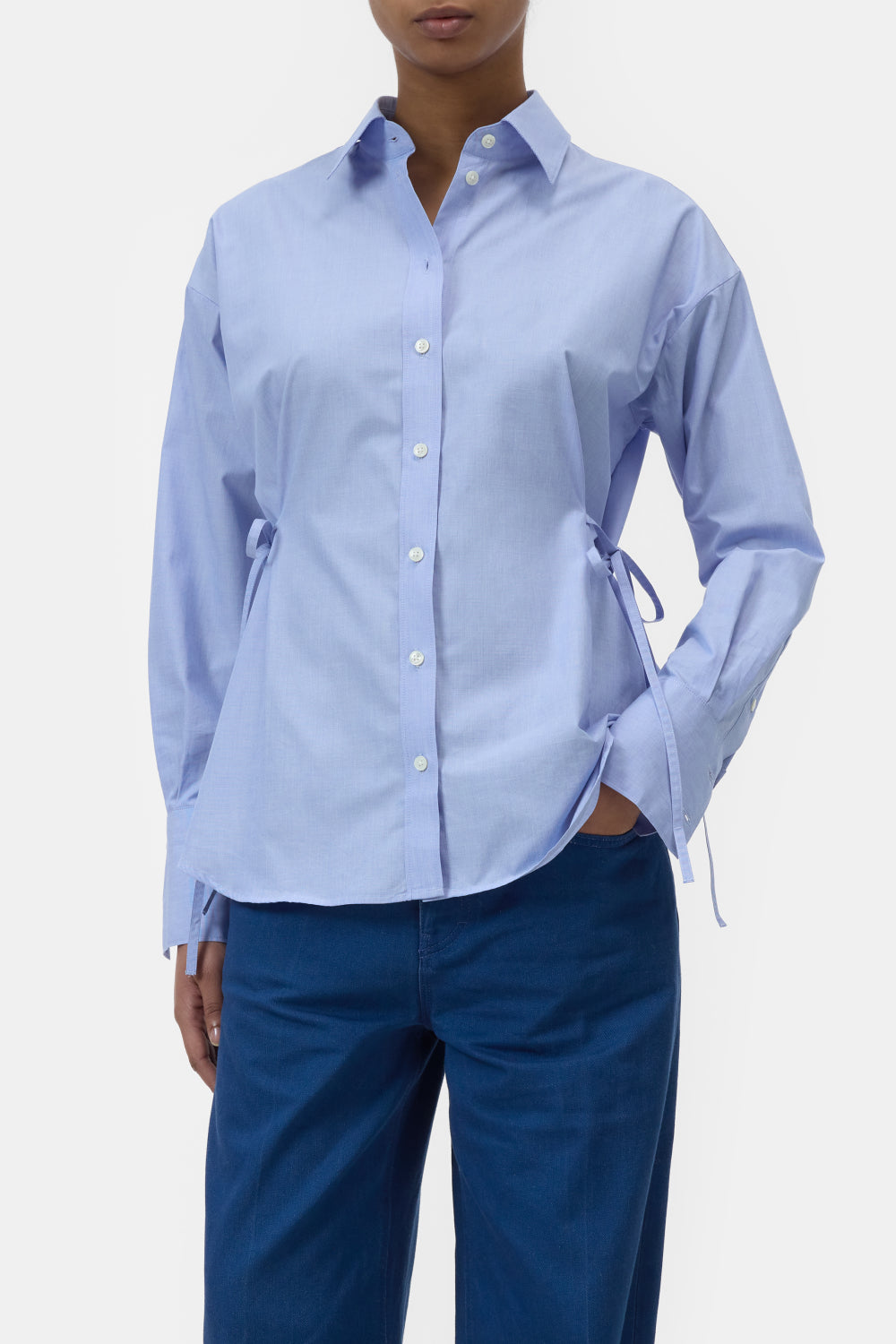 Closed Blouse met taillebandjes – Blauw-100% katoen-DAMES TOPS & BLOUSES-Blauw