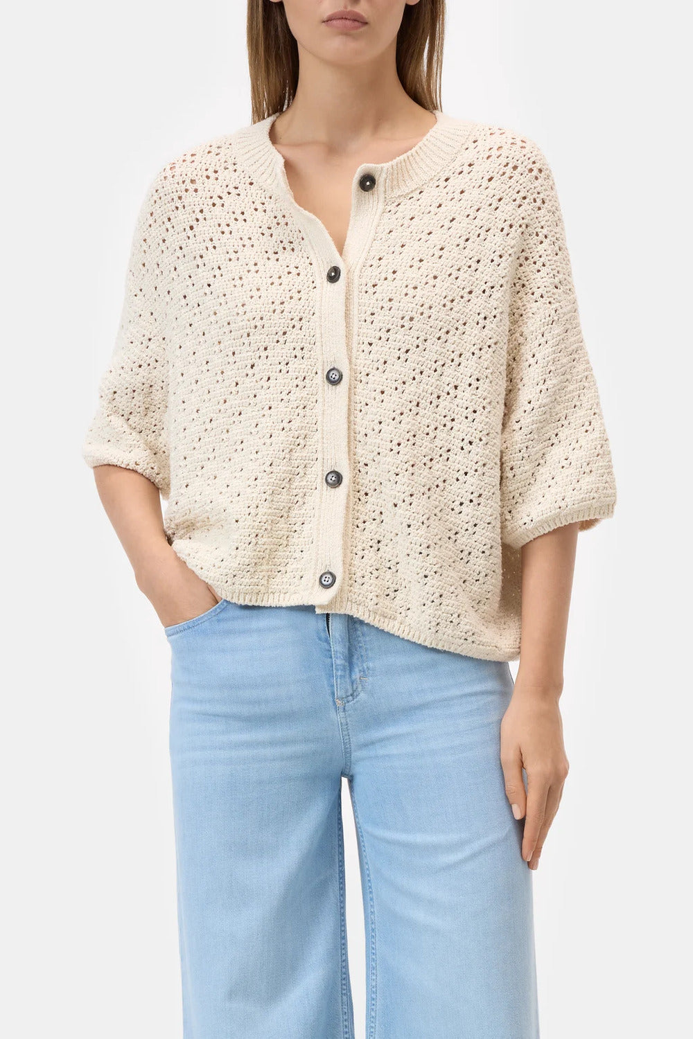 Closed Cropped vest van hoogwaardig katoen – Beige-85% katoen, 15% polyamide-DAMES TRUIEN & VESTEN-Beige