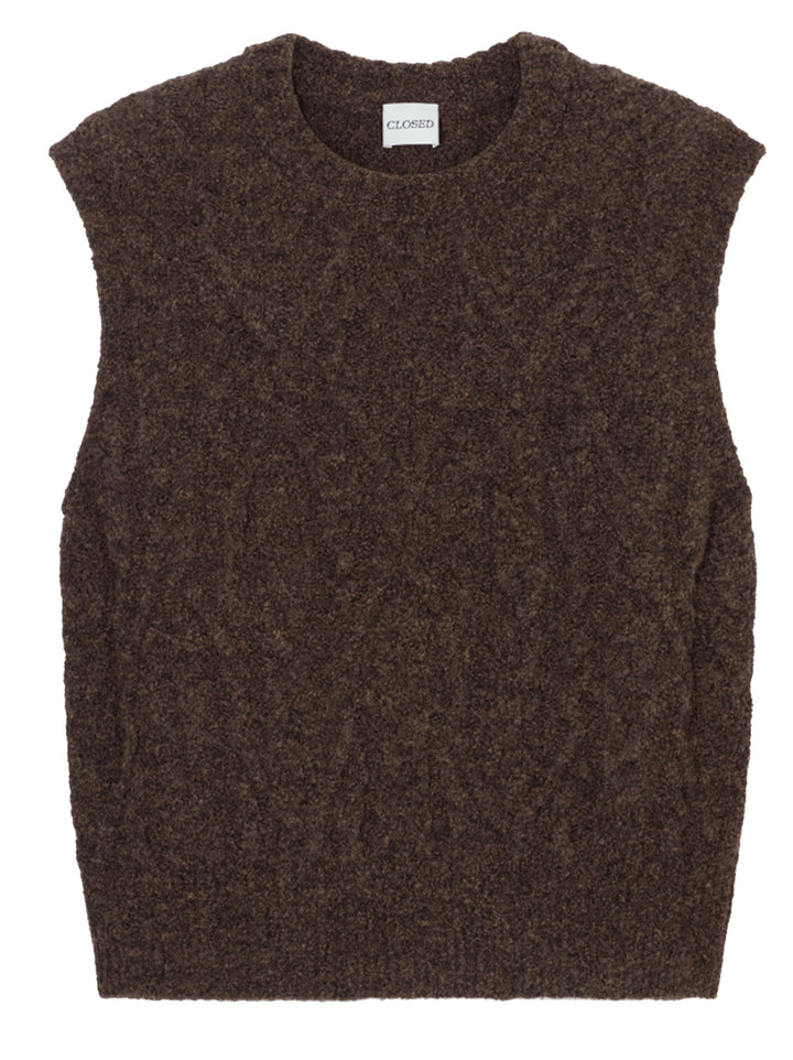 Closed Mouwloze Trui met Kabelbreipatroon – Bruin-54% wol, 28% polyamide, 18% acryl-DAMES TRUIEN & VESTEN-Bruin