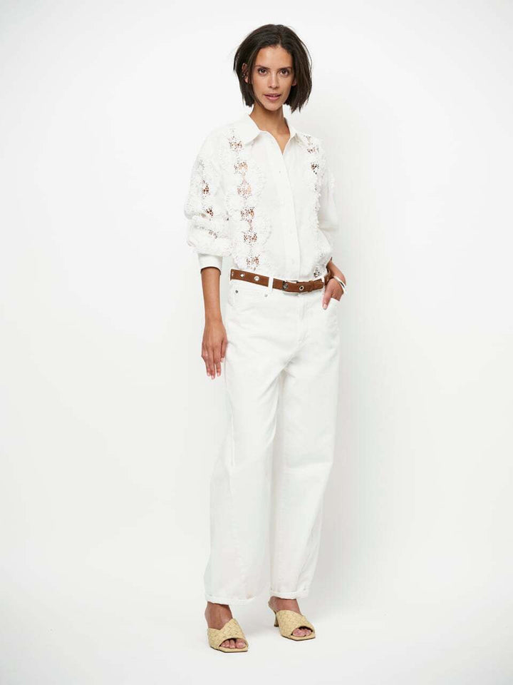 Dante 6 Amandyne blouse met bloemdetails - Wit-100% linnen-DAMES TOPS & BLOUSES-Wit