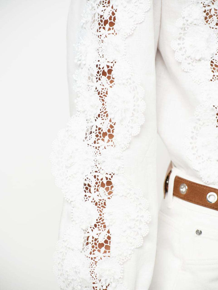 Dante 6 Amandyne blouse met bloemdetails - Wit-100% linnen-DAMES TOPS & BLOUSES-Wit