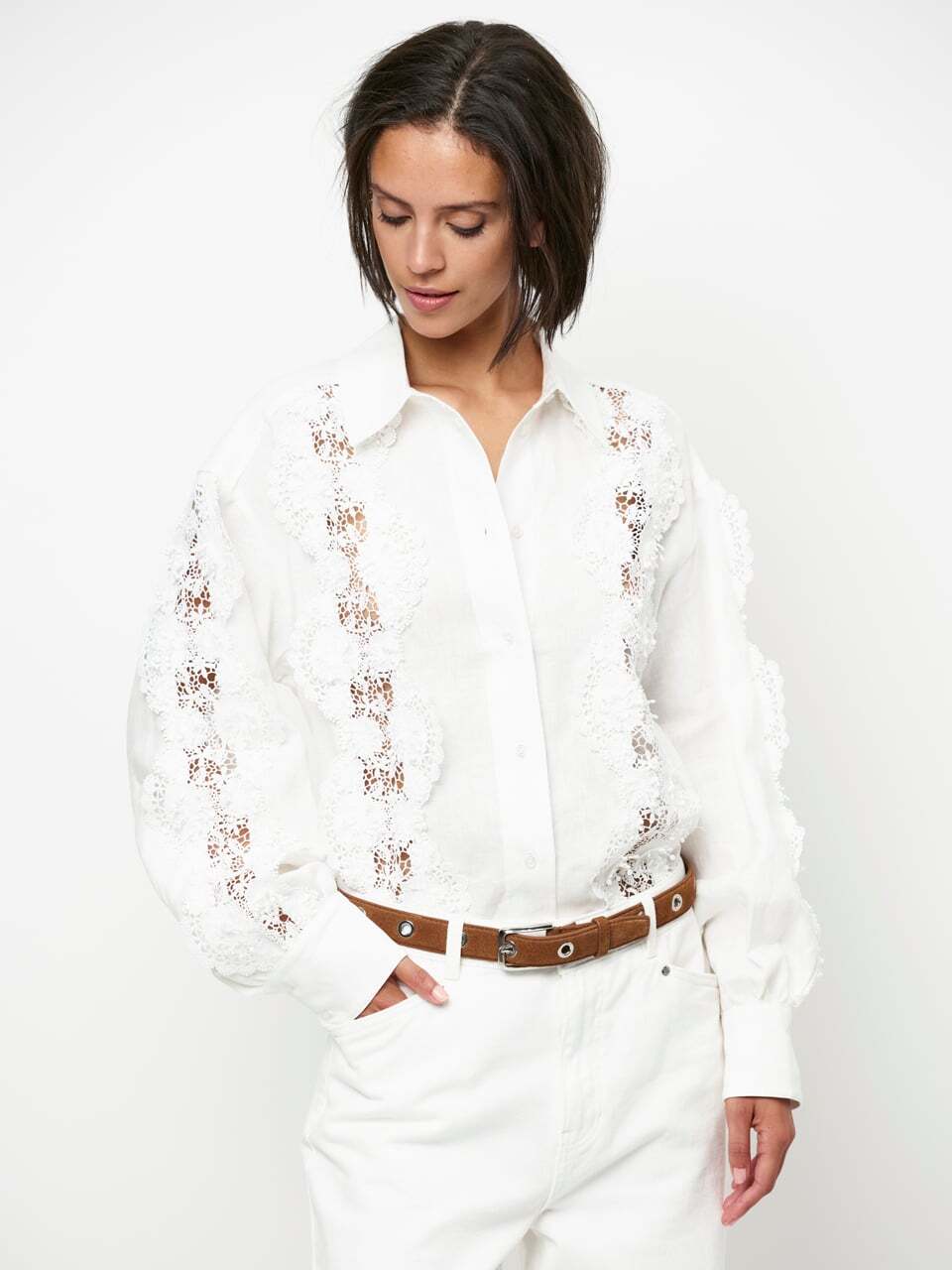 Dante 6 Amandyne blouse met bloemdetails - Wit-100% linnen-DAMES TOPS & BLOUSES-Wit