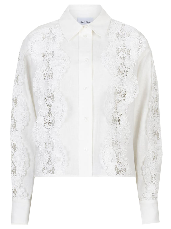 Dante 6 Amandyne blouse met bloemdetails - Wit-100% linnen-DAMES TOPS & BLOUSES-Wit