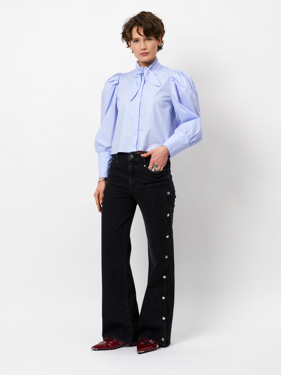 Dante 6 Casson Smocked Blouse – Blue Mist-100% katoen-DAMES TOPS & BLOUSES-Blauw