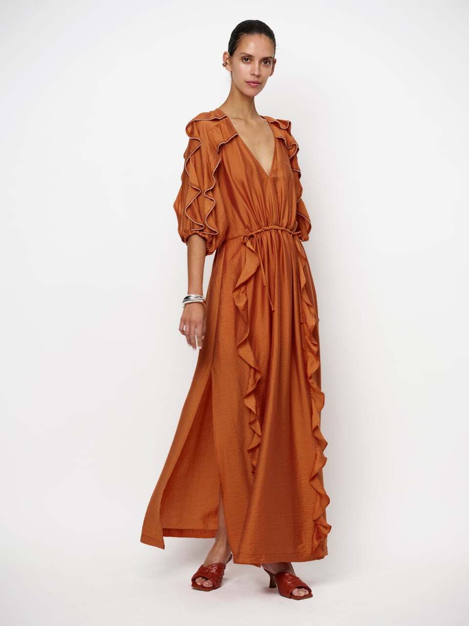 Dante6-Anzur maxi jurk met embellished volant deta-84% tencel, 16% polyamide-DAMES JURKEN-Oranje