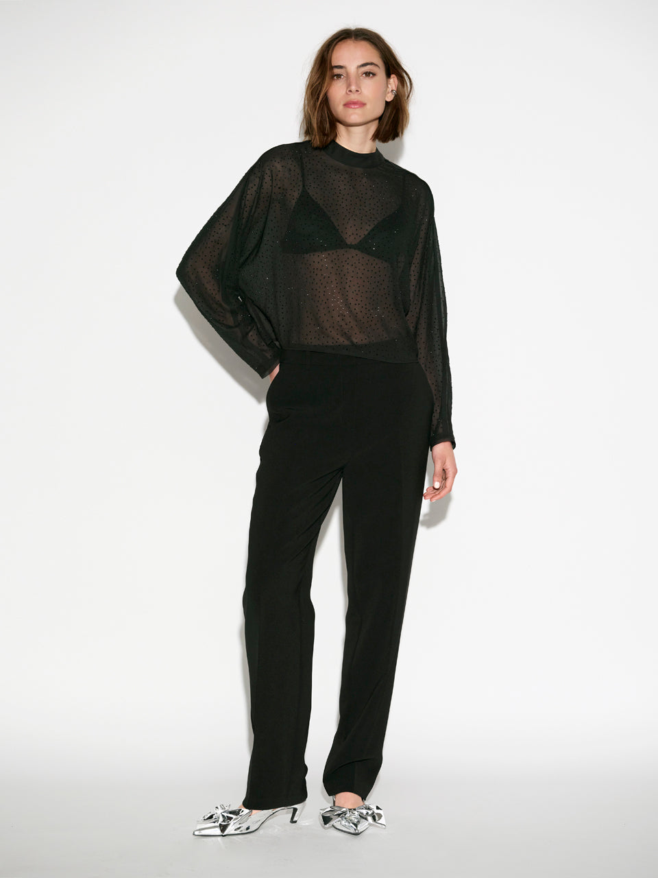 Dante6-Biacco transparante top met strass-details-100% polyester-DAMES TOPS & BLOUSES-Zwart