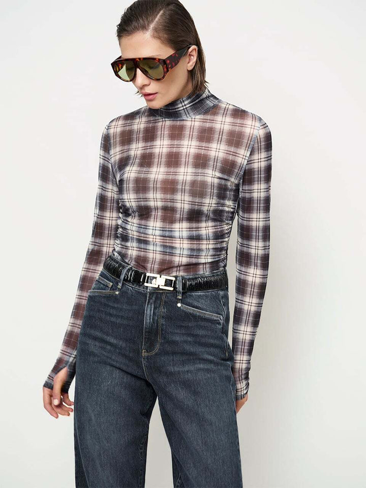 Dante6 Casha Geruite Mesh Top – Blauw-90% polyester, 10% elastaan-DAMES TOPS & BLOUSES-Blauw