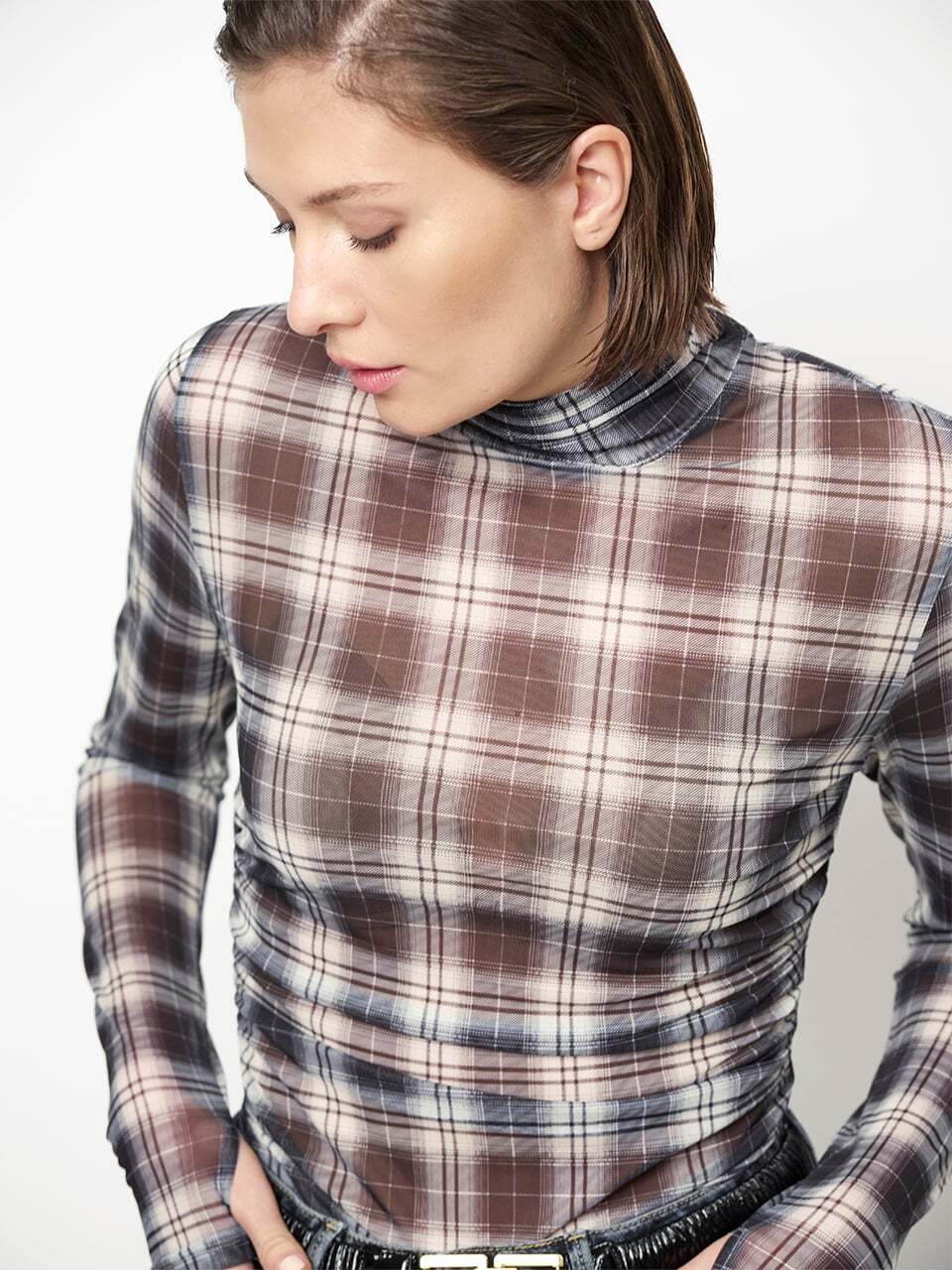 Dante6 Casha Geruite Mesh Top – Blauw-90% polyester, 10% elastaan-DAMES TOPS & BLOUSES-Blauw