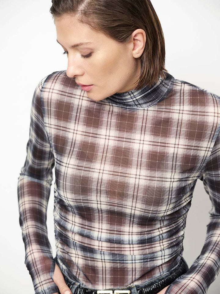 Dante6 Casha Geruite Mesh Top – Blauw-90% polyester, 10% elastaan-DAMES TOPS & BLOUSES-Blauw