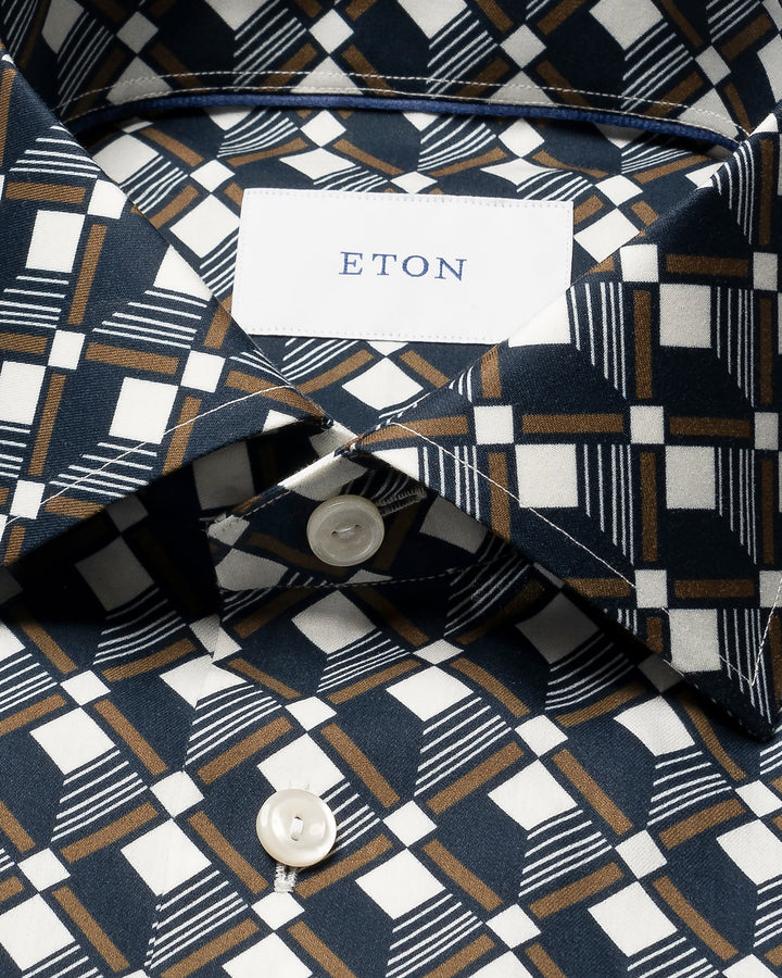 Eton Geometrisch Shirt Contemporary-61% katoen, 39% lyocell-HEREN SHIRTS-Blauw
