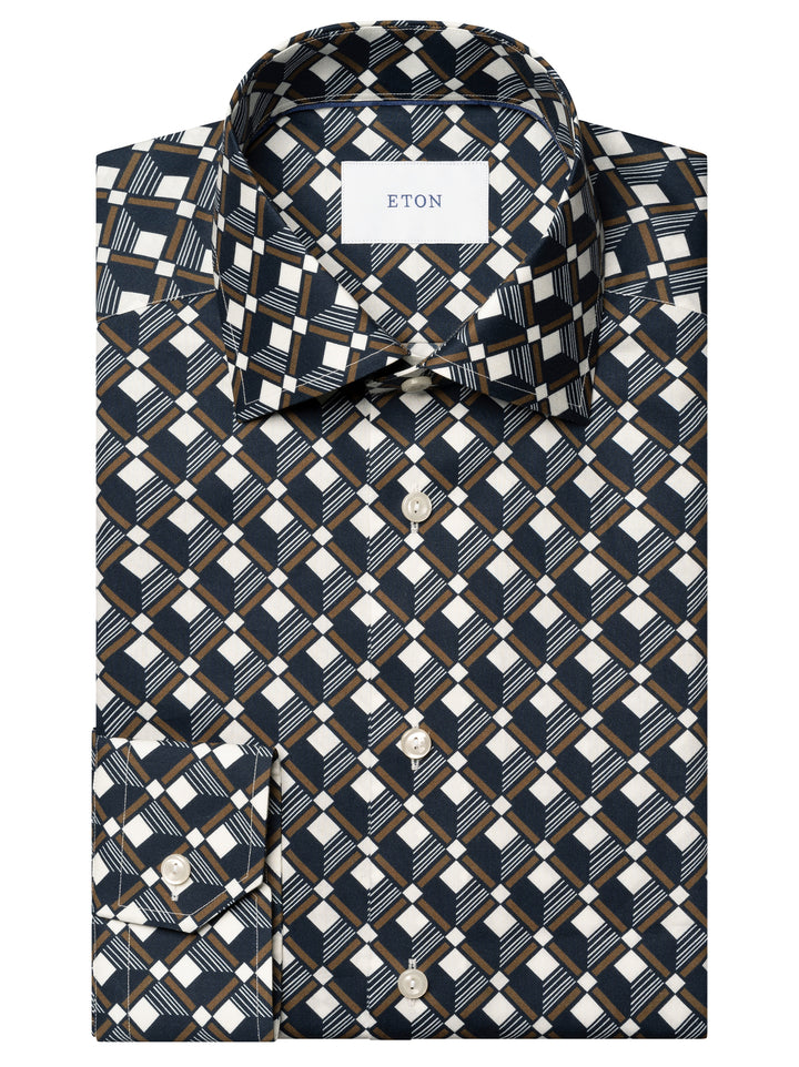 Eton Geometrisch Shirt Contemporary-61% katoen, 39% lyocell-HEREN SHIRTS-Blauw