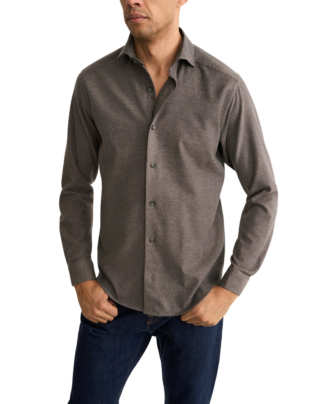 Eton Solid Flannel Shirt – Bruin-100% katoen-HEREN SHIRTS-Bruin