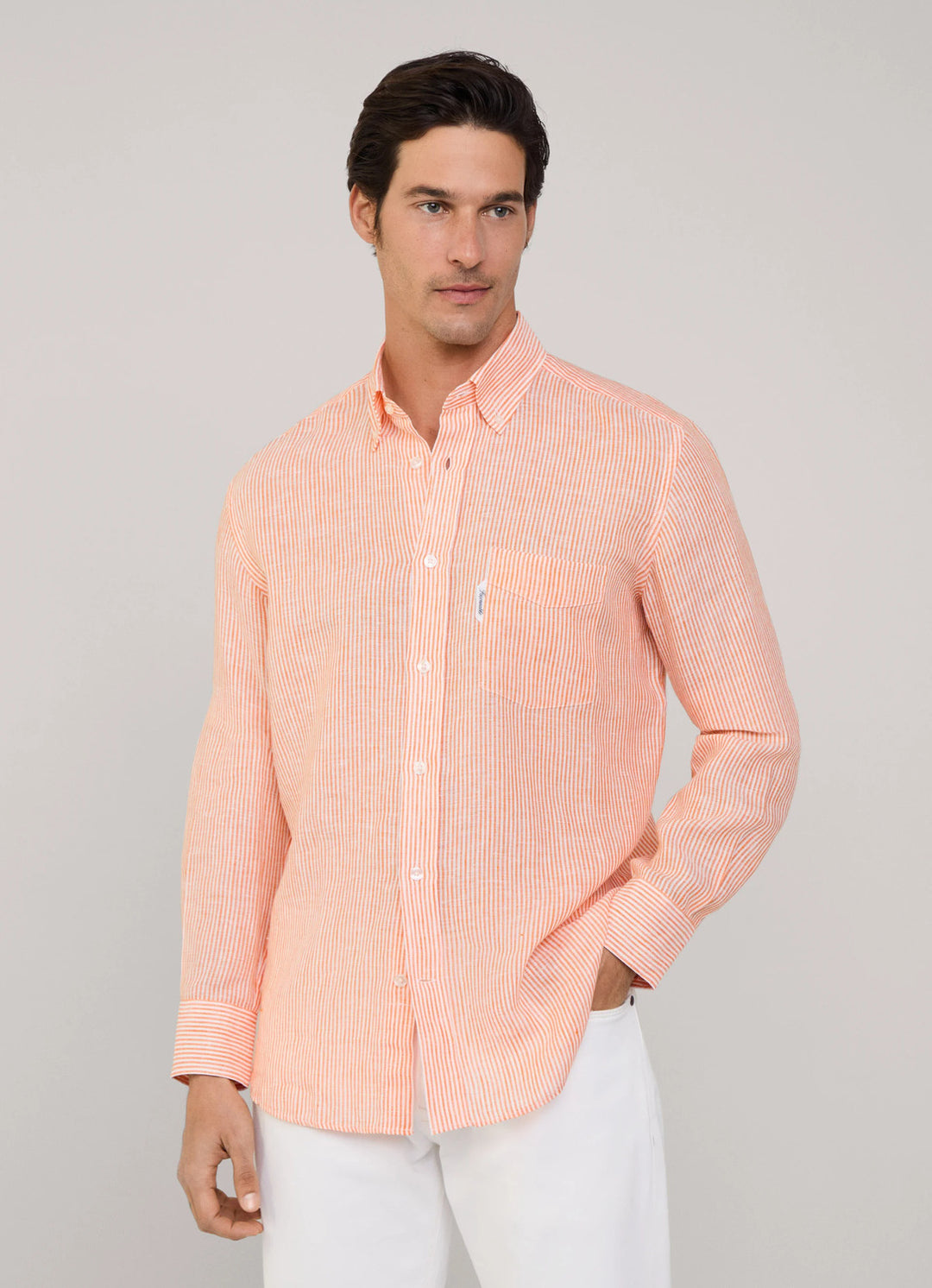 Faconnable Regular fit gestreept linnen shirt-100% Linnen-HEREN SHIRTS-Oranje