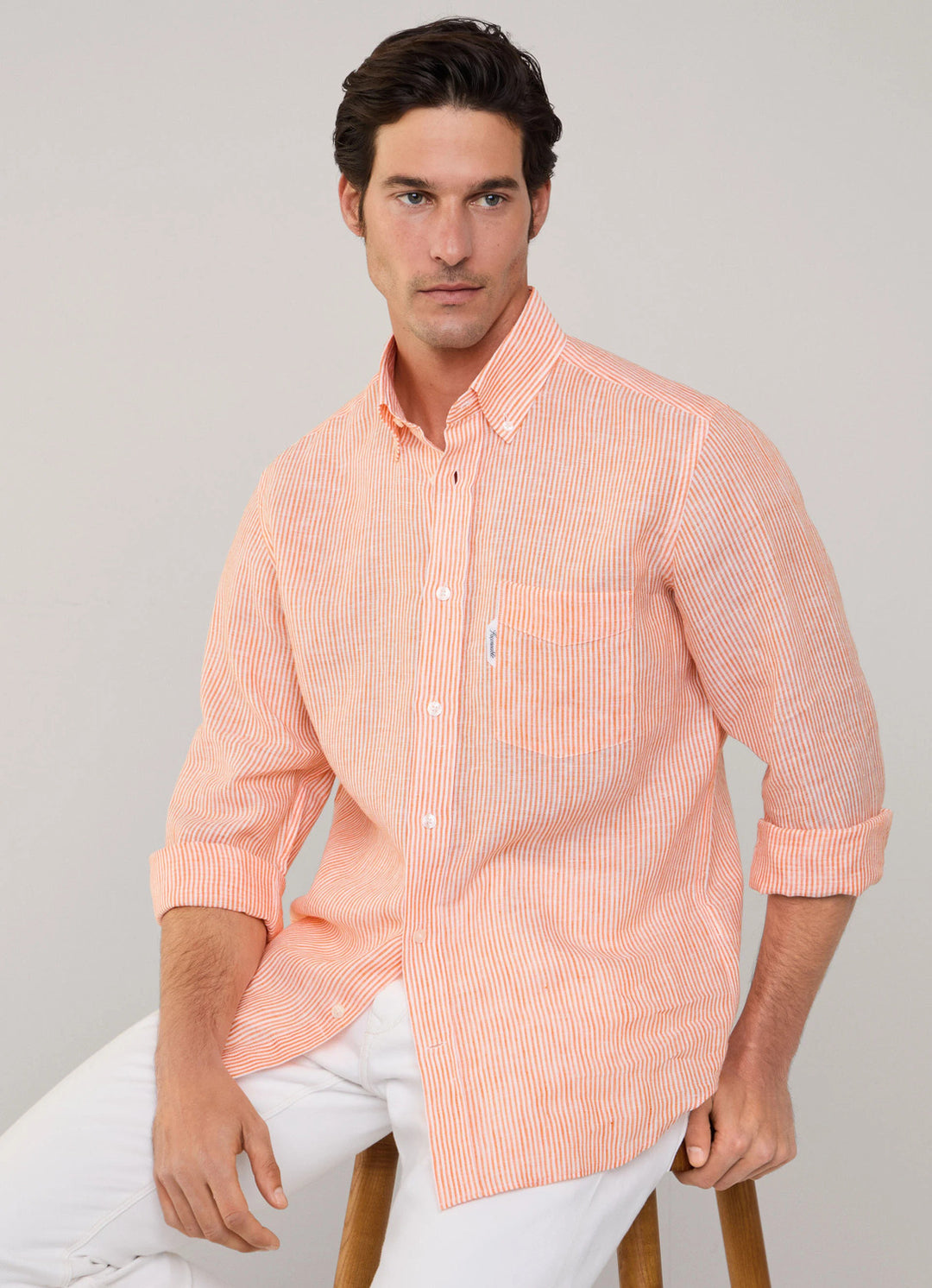 Faconnable Regular fit gestreept linnen shirt-100% Linnen-HEREN SHIRTS-Oranje