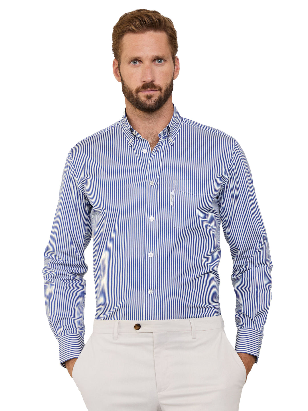 Faconnable regular fit gestreept poplin shirt-100% Katoen-HEREN SHIRTS-Blauw