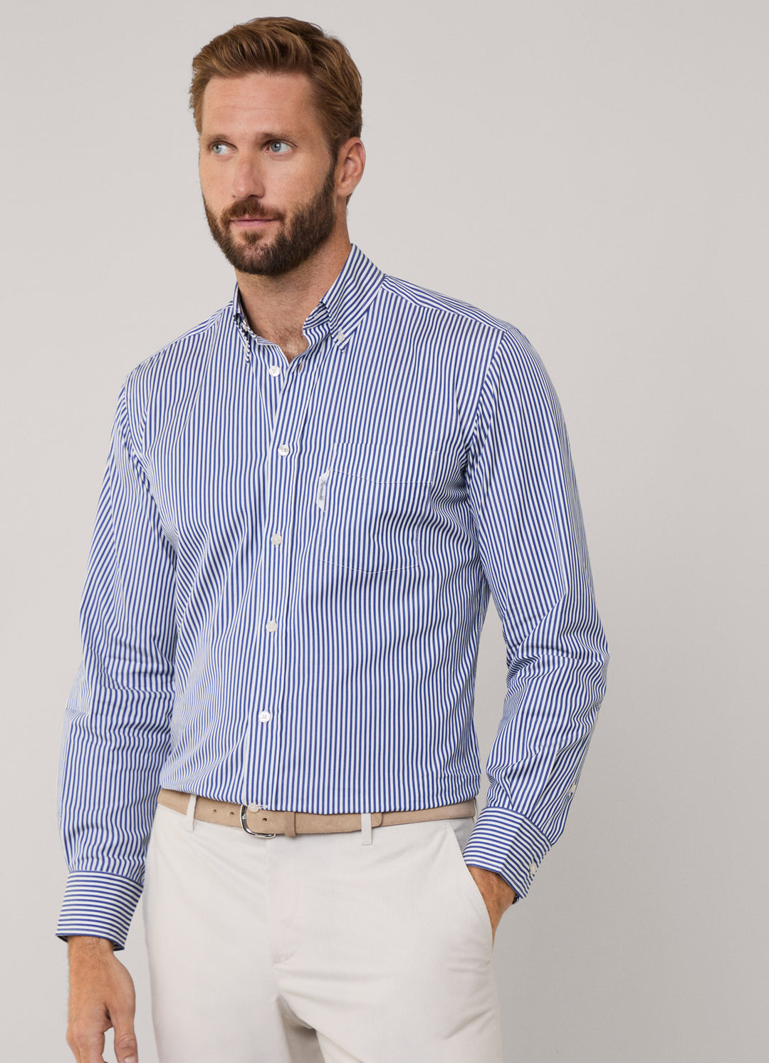 Faconnable regular fit gestreept poplin shirt-100% Katoen-HEREN SHIRTS-Blauw