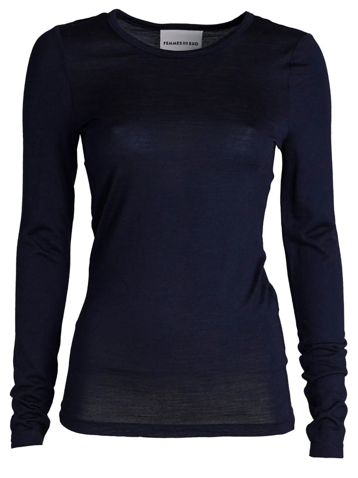 Femmes du Sud Elita Longsleeve – Navy-50% wol, 50% polyester/katoen mix-DAMES TOPS & BLOUSES-Blauw