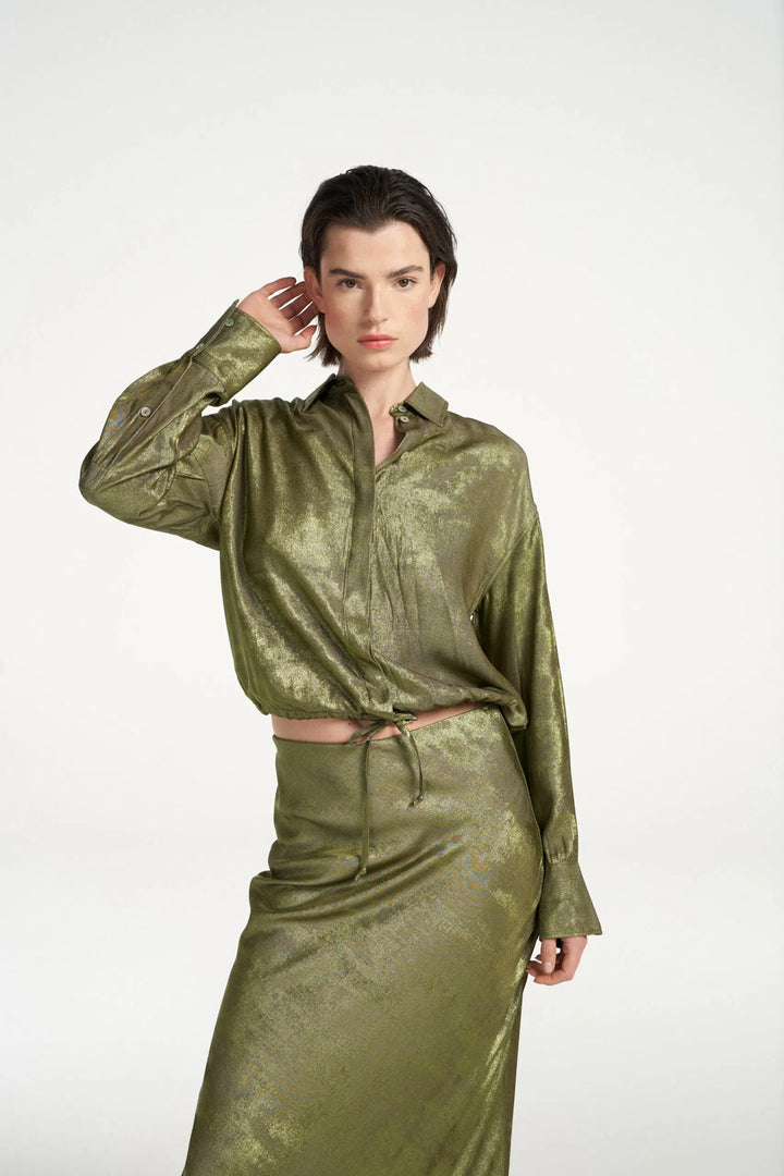 Femmes du Sud Marthe Shimmer Army blouse-Kwaliteit: 60% polyester | 40% viscose-DAMES TOPS & BLOUSES-Groen