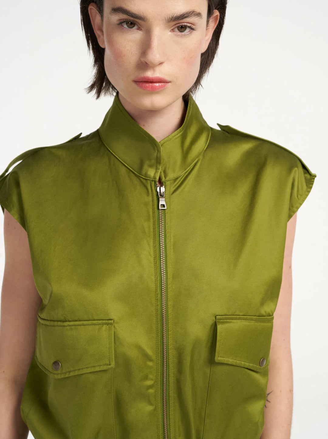 Femmes Du Sud valerie mid green gilet-Kwaliteit: 63% tencel | 32% katoen | 5% linnen-DAMES BLAZERS & GILETS-Groen